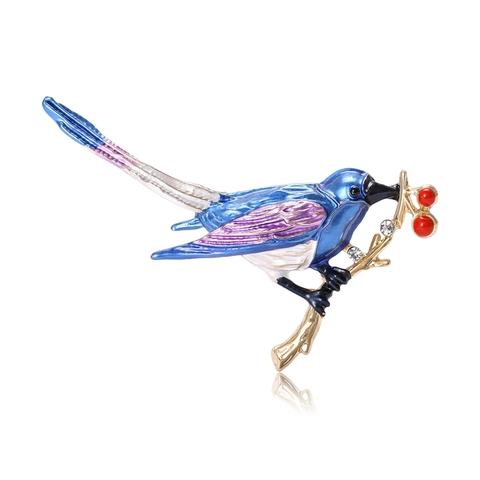 Elegante Broche de Pájaro en Aleación Esmaltada sobre Rama con Bayas de Perlas Artificiales Rojas y Strass para Vestido de Mujer