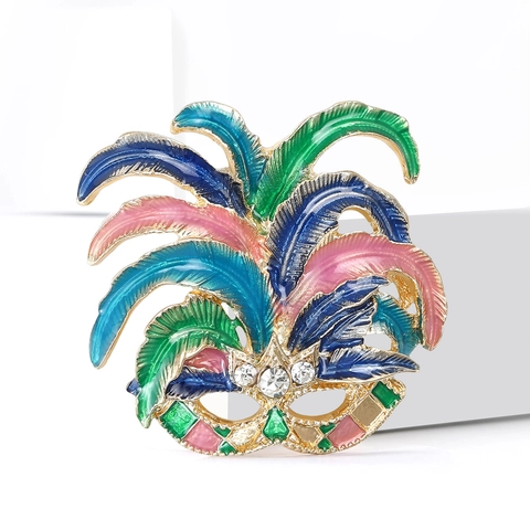 Vintage Venice Carnival Mask Brooch For Women Alloy Colorful Enamel Rhinestone Feather Masquerade Badge Pin Accessory Jewelry