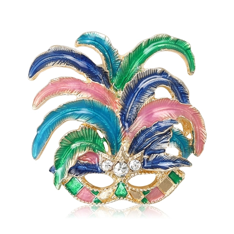 Vintage Venice Carnival Mask Brooch For Women Alloy Colorful Enamel Rhinestone Feather Masquerade Badge Pin Accessory Jewelry