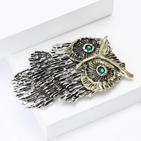 Vintage Alloy Owl Brooch For Women Antique Gold Silver Two-Tone Animal Rhinestone Suit Pin Retro Individual Jewelry Accessory
