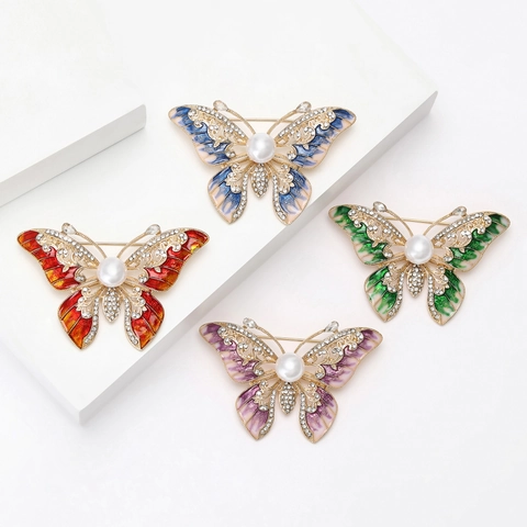 Elegant Alloy Enamel Butterfly Brooch For Women Rhinestone Inlaid Faux Artificial Pearl Animal Pin For Suits Wedding Banquet Jewelry