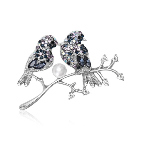 Spilla Vintage in Lega con Due Uccelli su un Ramo per Donna con Strass e Perla Artificiale Spilla Animale Smaltata Gioielli