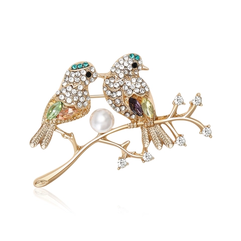 Spilla Vintage in Lega con Due Uccelli su un Ramo per Donna con Strass e Perla Artificiale Spilla Animale Smaltata Gioielli