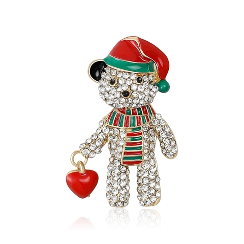 Alloy Rhinestone Enamel Christmas Bear Brooch Cute Animal Heart Corsage Pin For Women Men Holiday Party Clothing Jewelry Decoration