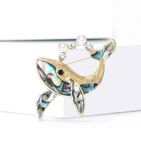Spilla a Balena in Lega di Moda Con Conchiglia di Abalone Perla Artificiale Strass Intarsiato Gioiello a Forma di Animale Unisex
