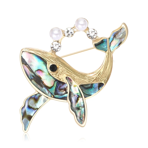 Spilla a Balena in Lega di Moda Con Conchiglia di Abalone Perla Artificiale Strass Intarsiato Gioiello a Forma di Animale Unisex