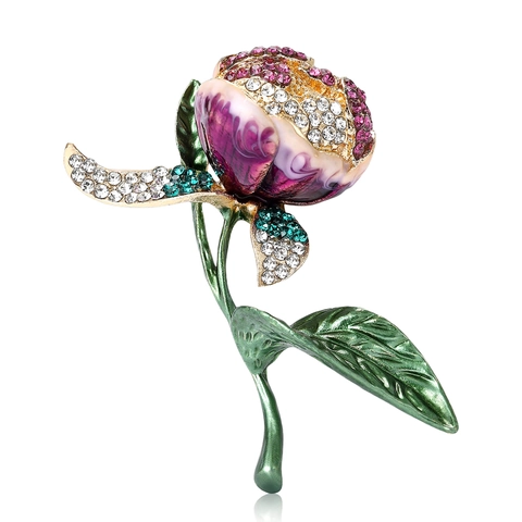 Vintage Alloy Enamel Tulip Flower Brooch With Rhinestone Inlaid For Women Fashion Suit Cardigan Corsage Jewelry Accessory