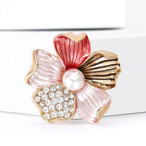 Elegante Broche de Flor de Esmalte Con Diamantes de Imitación y Perla Artificial Aleación Colorida Pin de Traje Joyas