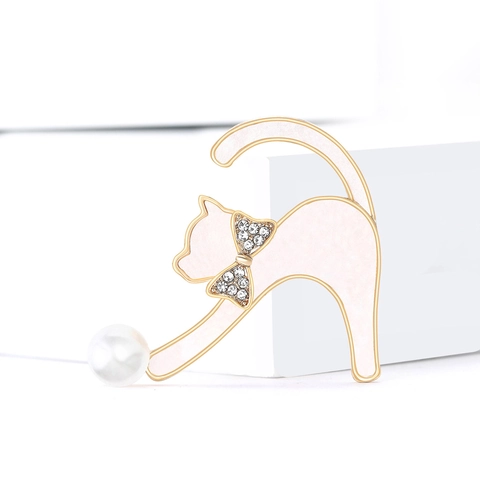 Elegante Muschel Katze Brosche Für Damen Herren Legierung Gold Ton Strass Schleife Künstliche Perle Tier Anstecknadel Schmuck Zubehör