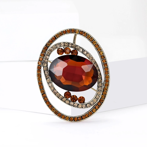 Vintage Oval Planet Brooch For Women Luxury Alloy Rhinestone Inlaid Glass Crystal Breastpin Retro Fashion Jewelry Accessory