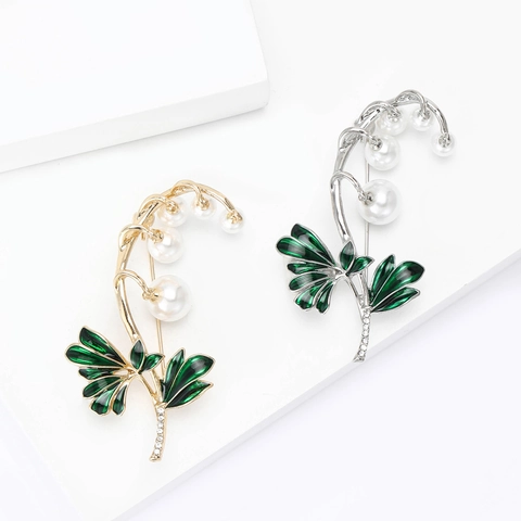 Elegante Emaille Lelietje-van-dalen Broche Legering Metaal Imitatieparel Strass Pin Voor Vrouwen Feest Cadeau Sieraden