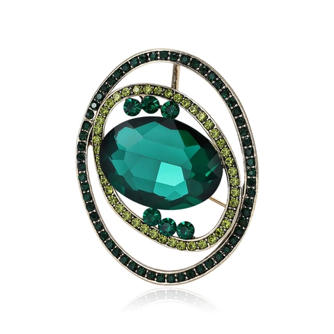 Vintage Alloy Glass Gemstone Oval Brooch For Women Luxury Rhinestone Inlaid Concentric Rings Retro Gold Jewelry Pin