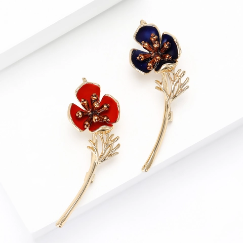 Exquisite Alloy Poppy Flower Brooch For Women Elegant Drip Oil Enamel Floral Corset Pin Gold Tone Red Blue Floral Brooch For Suits Sweaters Jewelry