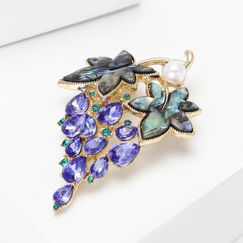 Eleganter Traube Brosche Anstecknadel Legierung Gold Lila Kristall Schale Blatt Eingelegt Perlenimitat Schmuck Für Damen