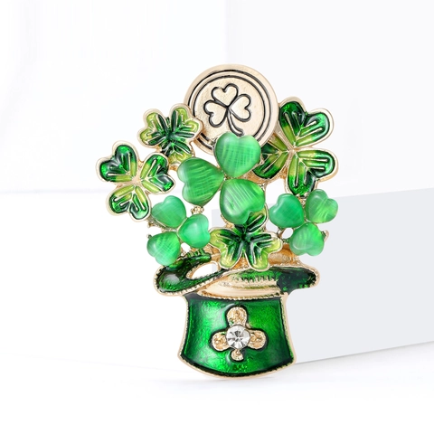 Broche Chapeau Trèfle de la Saint-Patrick pour Femmes Alliage Émail Vert Épinglette de Revers pour Pull Manteau Bijoux Cadeau