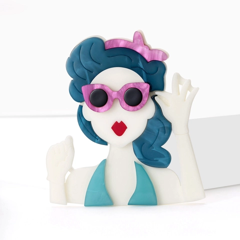 Mode Acryl Pop Art Dame Brosche Vintage Sonnenbrille Weibliche Figur Pin Für Damen Kleidung Dekoration Zubehör
