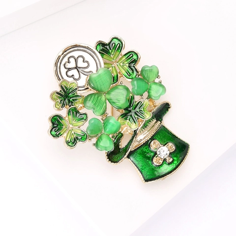 Broche Chapeau Trèfle de la Saint-Patrick pour Femmes Alliage Émail Vert Épinglette de Revers pour Pull Manteau Bijoux Cadeau