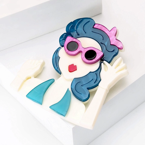 Mode Acryl Pop Art Dame Brosche Vintage Sonnenbrille Weibliche Figur Pin Für Damen Kleidung Dekoration Zubehör