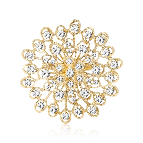 Luxury Alloy Rhinestone Sunflower Brooch For Women Hollow Floral Shape Gold Silver Plated Suit Lapel Pin Elegant Party Jewelry