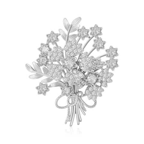 Elegante Koperen Zirkonia Boeket Speld Voor Dames Goud Zilver Verguld Bloem Corsage Mode Sieraden Jurk Decoratie Speld