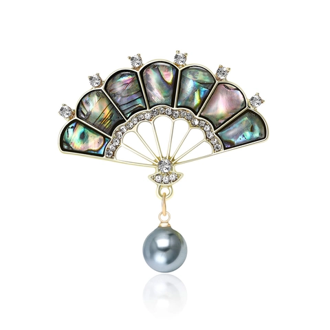 Spilla Classica Elegante a Ventaglio in Lega Con Conchiglia di Abulone Intarsiata di Strass Ciondolo in Perla Artificiale per Accessori Donna