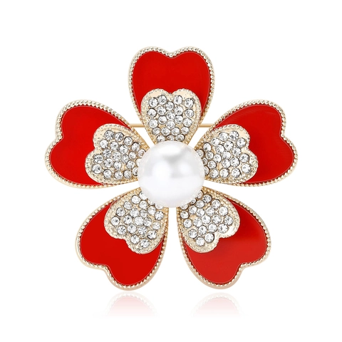 Fashion Simple Alloy Enamel Flower Brooch For Women High Grade Heart Petal Rhinestone Pin Elegant Artificial Pearl Jewelry Accessory