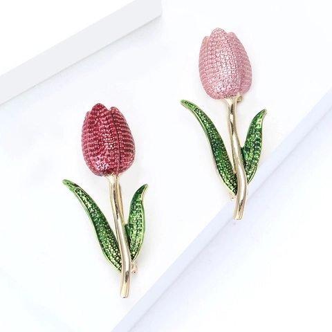 Elegant Enamel Tulip Flower Brooch For Women Gold Plated Alloy Red Pink Rhinestone Drip Oil Botanical Floral Lapel Pin