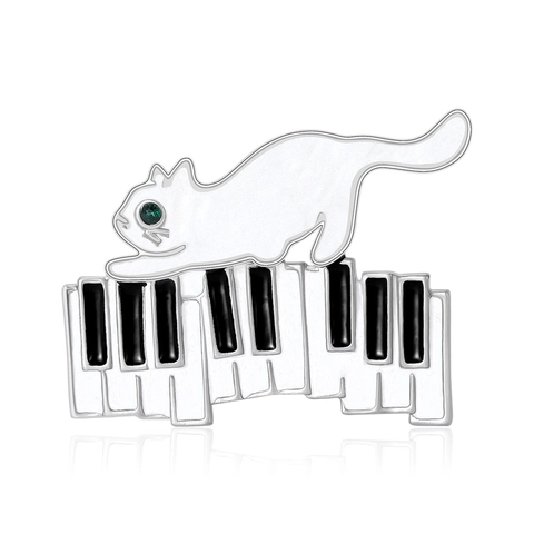 Spilla Creativa in Smalto Gatto Pianoforte Lega Animale Strass Occhio Distintivo Strumento Musicale Gioielli Accessorio per Donne Ragazze