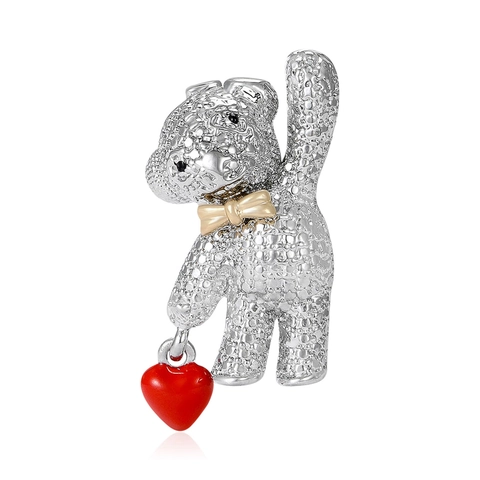 Alloy Teddy Bear Brooch With Red Heart For Women Fashion Rhinestone Inlaid Animal Shape Lapel Pin Decorative Accessory