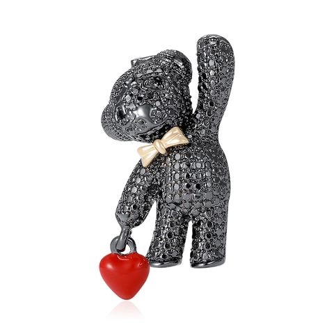 Alloy Teddy Bear Brooch With Red Heart For Women Fashion Rhinestone Inlaid Animal Shape Lapel Pin Decorative Accessory