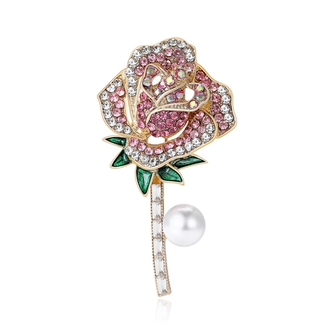 Elegante Legering Rose Bloem Broche Voor Vrouwen Strass Ingelegde Kunstparel Corsage Speld Bruiloft Banket Sieraden