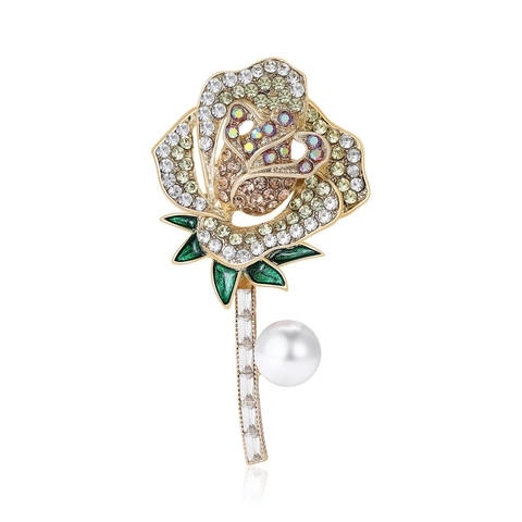 Elegante Legering Rose Bloem Broche Voor Vrouwen Strass Ingelegde Kunstparel Corsage Speld Bruiloft Banket Sieraden
