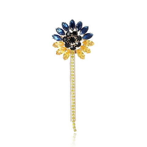 Spilla da Donna in Lega a Forma di Girasole Con Strass Blu E Gialli Spilla a Fiore Con Nappa Lunga Gioielli alla Moda Accessori Regalo