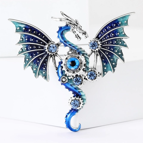 Vintage Steampunk Mechanical Dragon Brooch For Men Women Alloy Enamel Dragon Pin With Gear Eye Rhinestone Suit Accessories Jewelry Gift
