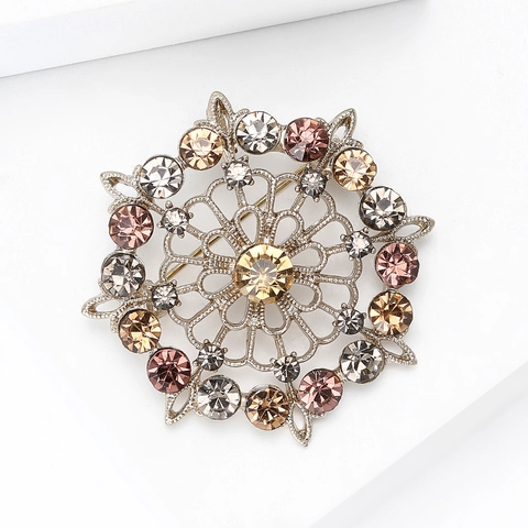 Vintage Alloy Rhinestone Sun Flower Brooch For Women Men Exquisite Round Hollow Out Mandala Corsage Pin Colorful Jewelry Accessories