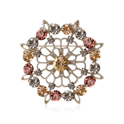 Vintage Alloy Rhinestone Sun Flower Brooch For Women Men Exquisite Round Hollow Out Mandala Corsage Pin Colorful Jewelry Accessories