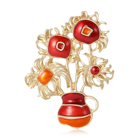 Broche Vase Tournesol Style Van Gogh Émail Vintage Alliage Plaque Or Floral Épinglette Art Bijoux de Mode Cadeau Unisexe