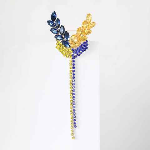 Elegant Alloy Rhinestone Wheat Ear Tassel Brooch Gold Blue Yellow Crystal Leaf Pin For Women Party Fashion Jewelry