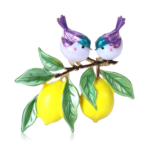 Emaillierte Zitronen Vogel Zweig Brosche Für Damen Vergoldete Legierung Frucht Tier Anstecknadel Mode Schal Clip Schmuck Zubehör Geschenk