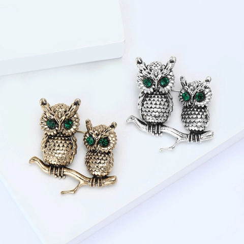 Vintage Alloy Owl Brooch For Women Antique Gold Silver Color Rhinestone Animal Pin With Green Eyes For Dress Suit Accessories