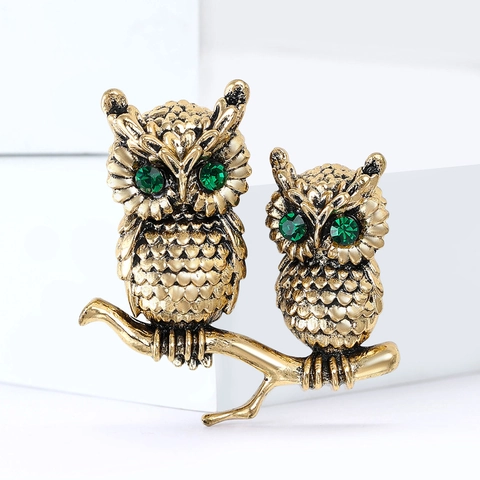 Vintage Alloy Owl Brooch For Women Antique Gold Silver Color Rhinestone Animal Pin With Green Eyes For Dress Suit Accessories