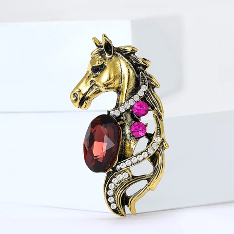 Vintage French Enamel Horse Head Brooch Antique Gold Silver Plated Rhinestone Animal Palace Style Apparel Decorative Pin For Women
