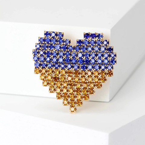 Squisita Spilla a Cuore in Lega Con Strass Blu e Gialli Design Pixel Spilla con Strass per Donna Uomo Abbigliamento Decorazione Regalo