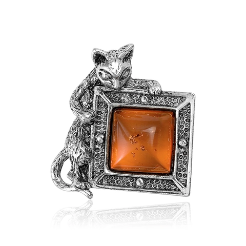 Vintage Alloy Cat Brooch For Women Antique Gold Silver Cat Pinned Brooch With Square Amber Resin Stone Fashion Jewelry
