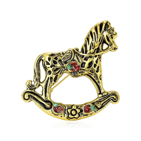 Vintage Emaille Schaukelpferd Brosche Zinklegierung Antikgold Tier Pin Schmuck Für Damen Herren Bekleidungszubehör