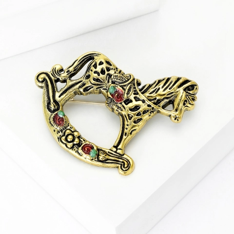 Vintage Emaille Schaukelpferd Brosche Zinklegierung Antikgold Tier Pin Schmuck Für Damen Herren Bekleidungszubehör
