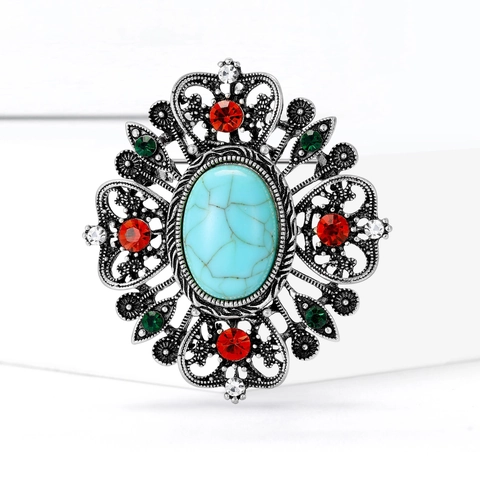 Vintage Barock Blume Brosche Für Damen Antik Gold Silber Plattiert Hohl Legierung Strass Künstliche Türkis Look Brustnadel