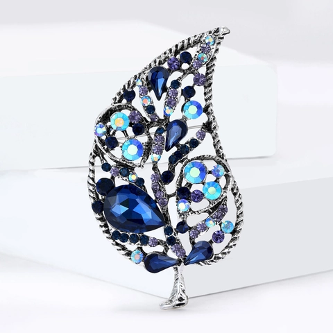 Vintage Crystal Glass Leaf Brooch Pin For Women Men Retro Rhinestone Inlaid Leaf Lapel Pin For Coat Suit Dress Fashion Jewelry