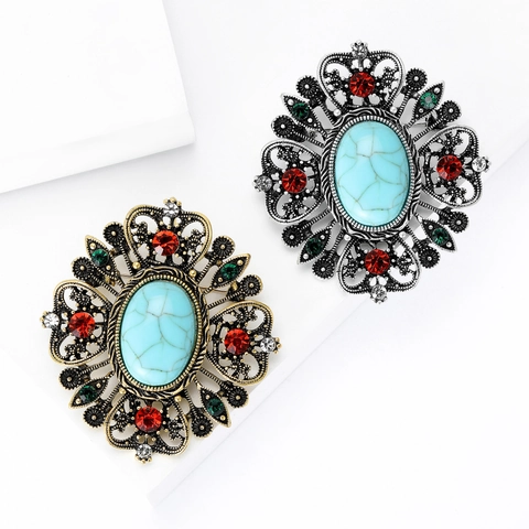 Vintage Baroque Alloy Rhinestone Brooch Pin For Women Antique Gold Silver Plated Oval Turquoise Flower Corsage Jewelry