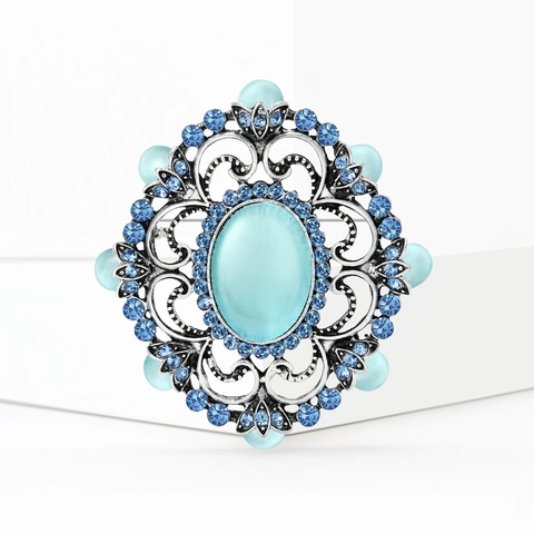 Broche Baroque Vintage Avec Pierre Œil de Chat Pour Femme Alliage Strass Filigrane Fleur Élégant Accessoire de Fête de Mariage